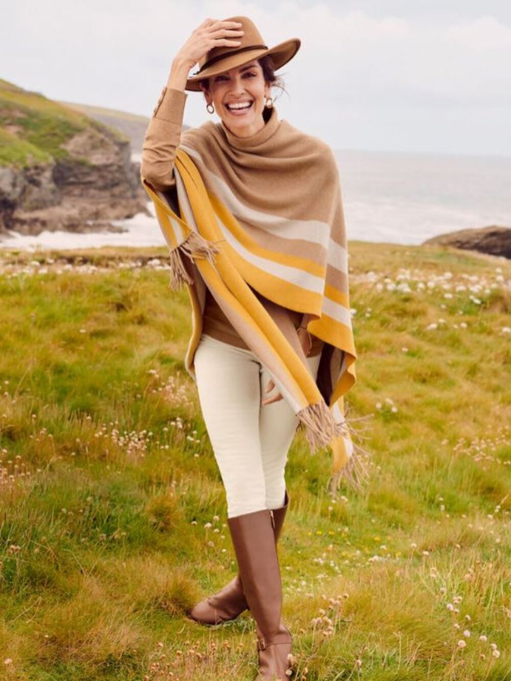 Talbots Tan and Yellow Colorblock Knit Ruana Wrap